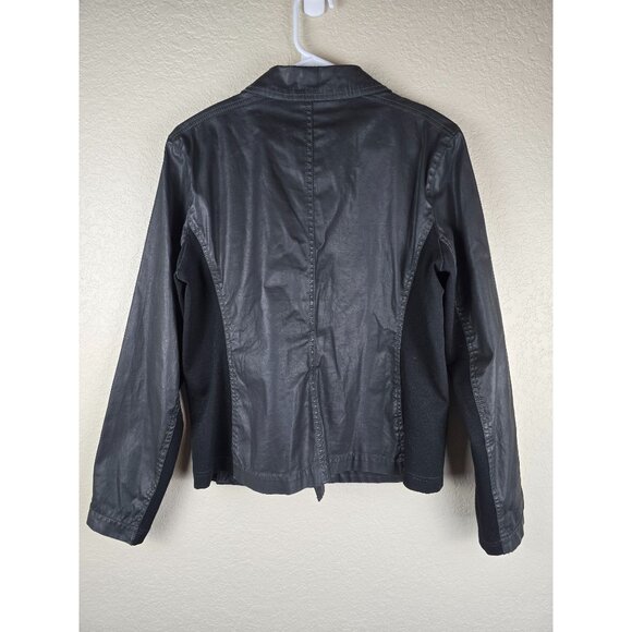 Eileen Fisher Waxed Cotton Italian Fabric Black Moto Jacket M Classic - Picture 2 of 7